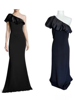 Badgley Mischka One-Shoulder Ruffle Mermaid Gown Black